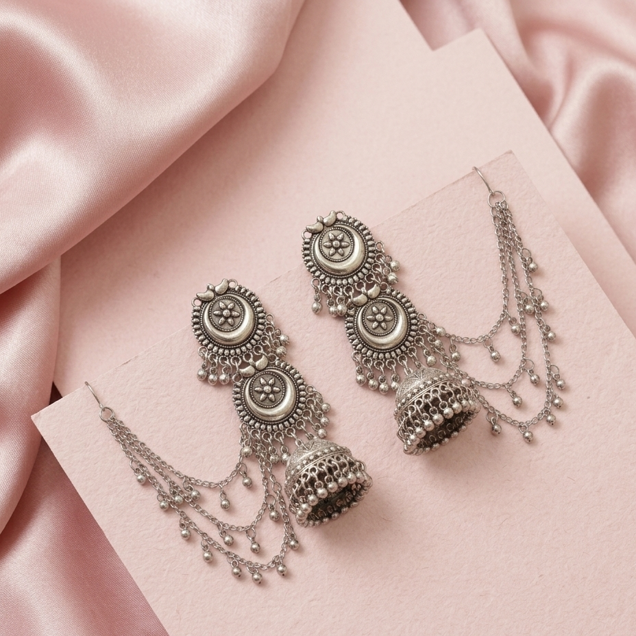 JewelMaze Oxidised Layered Jhumka Earrings With Kan Chain