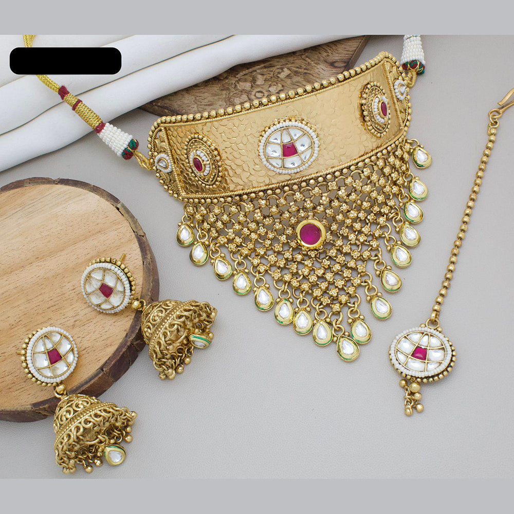 JewelMaze Gold Plated Pota Stone And Beads Choker Necklace Set