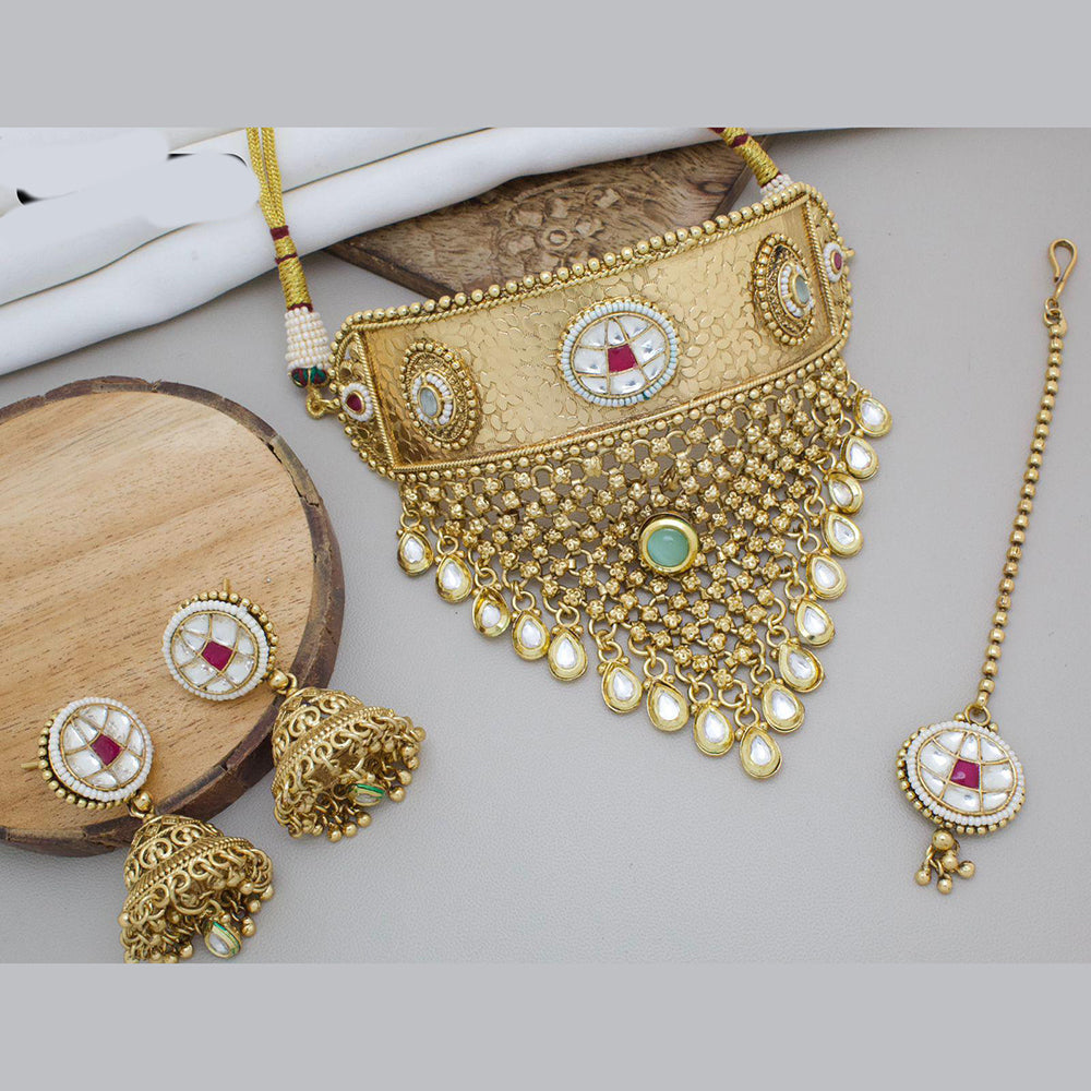 JewelMaze Gold Plated Pota Stone And Beads Choker Necklace Set
