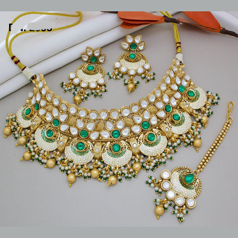 JewelMaze Gold Plated Pota Stone And Beads Choker And Meenakari Necklace Set