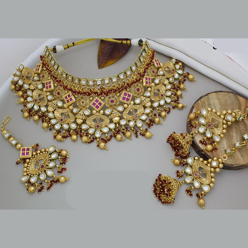 JewelMaze Gold Plated Pota Stone And Beads Choker Necklace Set