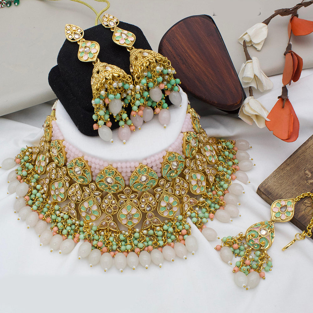 JewelMaze Gold Plated  Kundan Stone And Beads Meenakari Choker Necklace Set