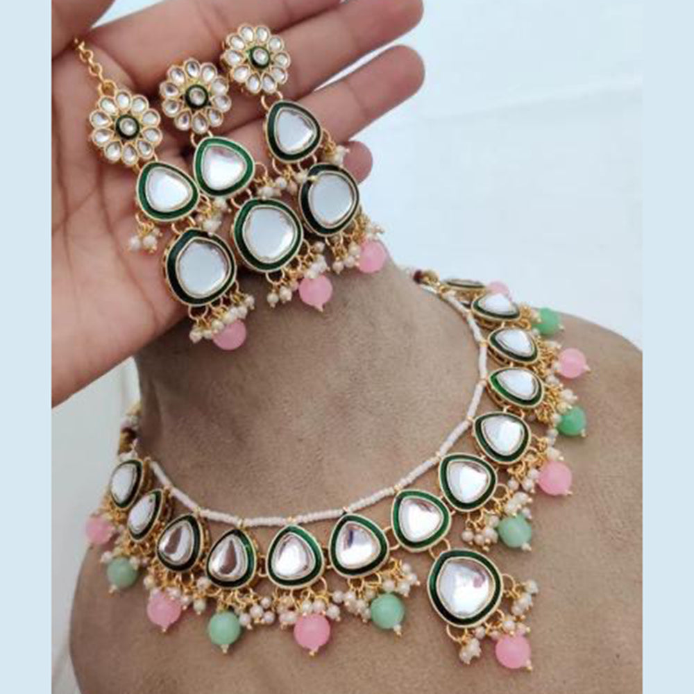 JewelMaze Gold Plated  Kundan Stone And Beads Meenakari Necklace Set