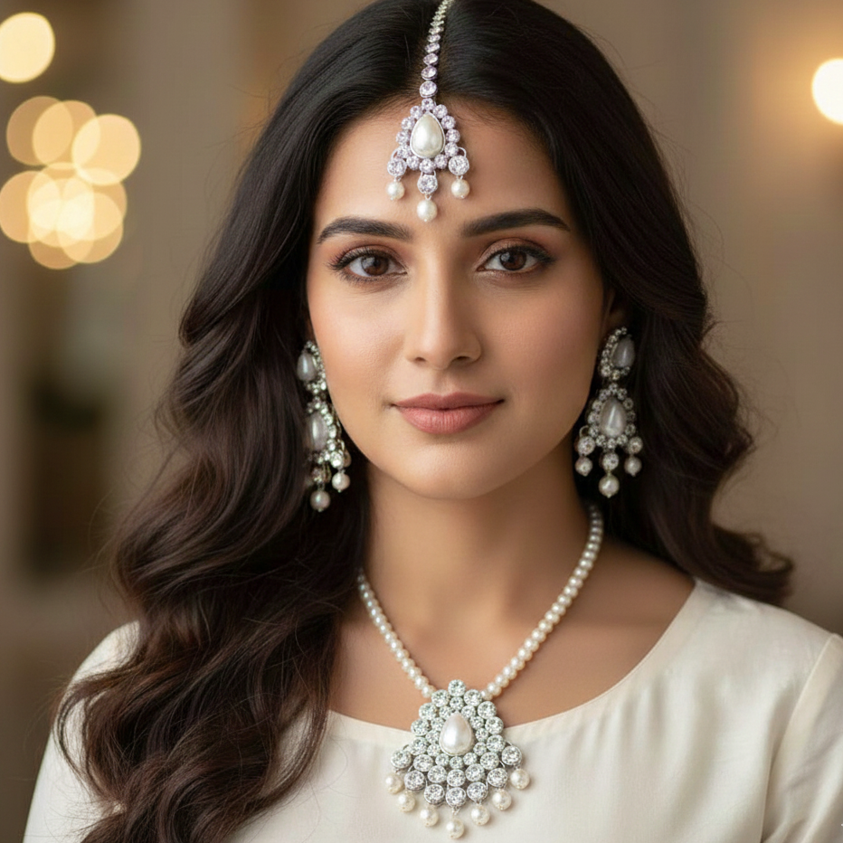 JewelMaze Sparkling Crystal and Pearl Long Necklace set