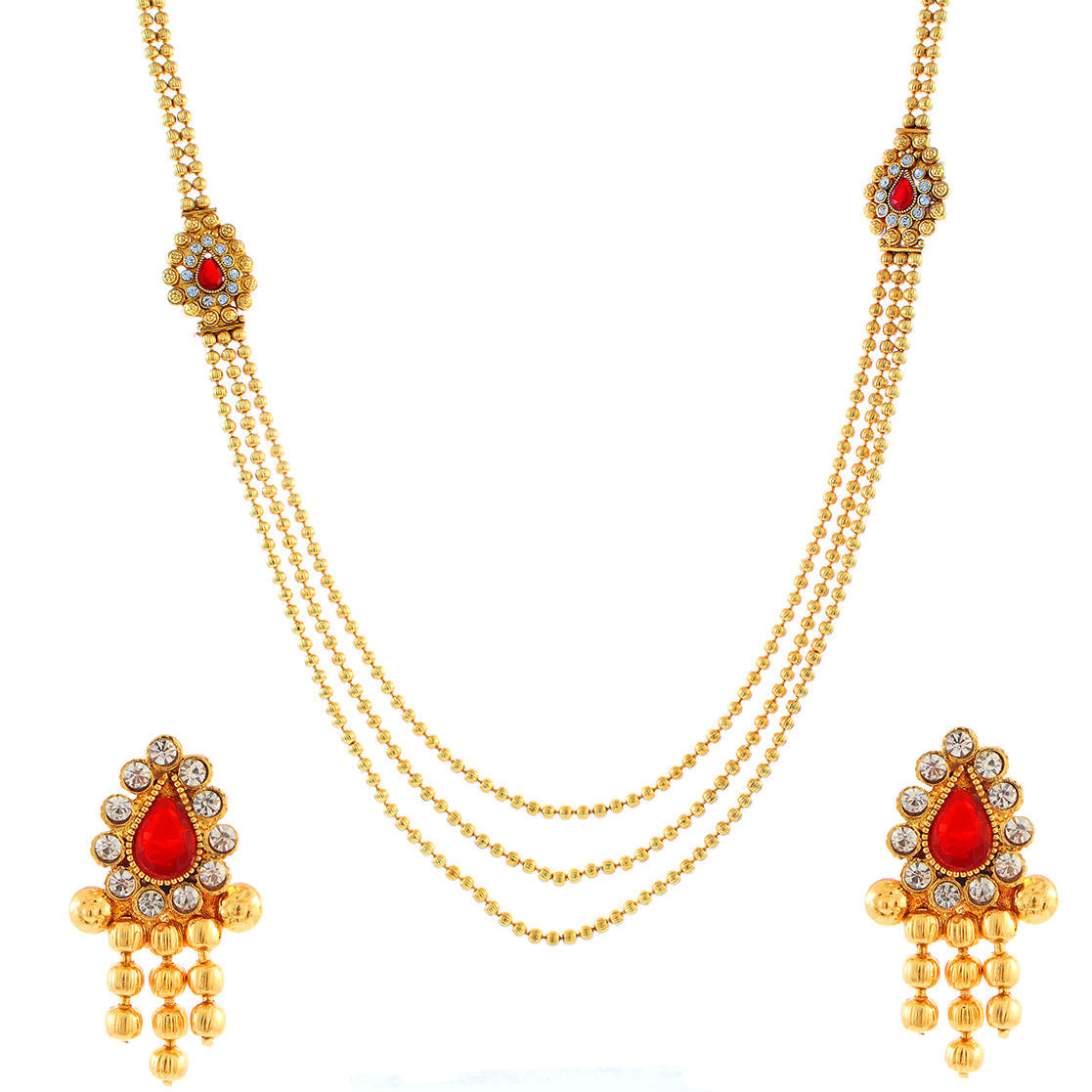 JewelMaze Red Austrian Stone Gold Plated Traditional Necklace Set