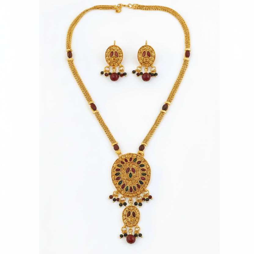 JewelMaze Gold Plated Maroon Austrian Stone Necklace Set