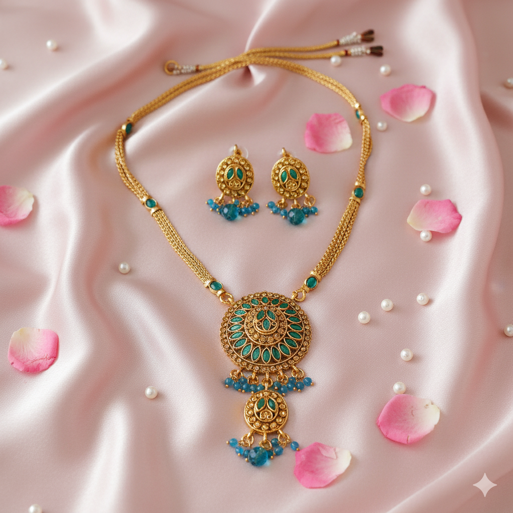 JewelMaze Gold Plated Blue Austrian Stone Necklace Set