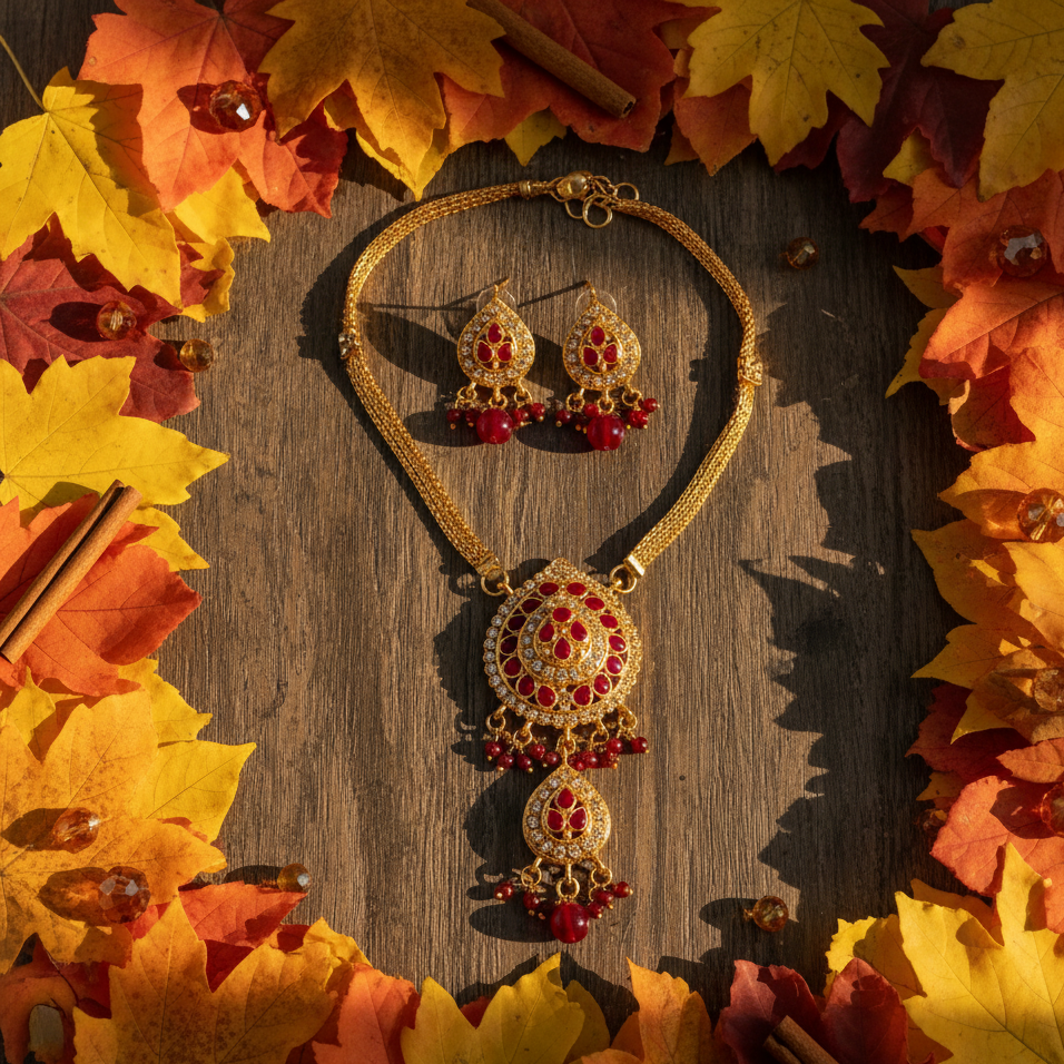 JewelMaze Gold Plated Maroon Austrian Stone Necklace Set