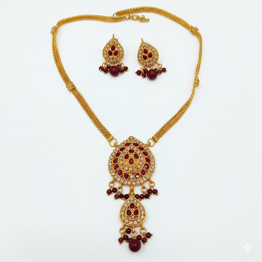 JewelMaze Gold Plated Maroon Austrian Stone Necklace Set