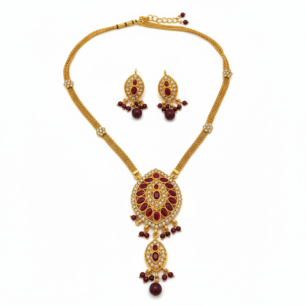 JewelMaze Gold Plated Maroon Austrian Stone Necklace Set