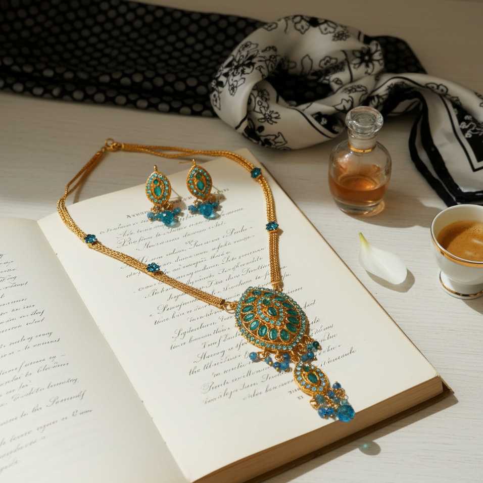 JewelMaze Gold Plated Blue Austrian Stone Necklace Set