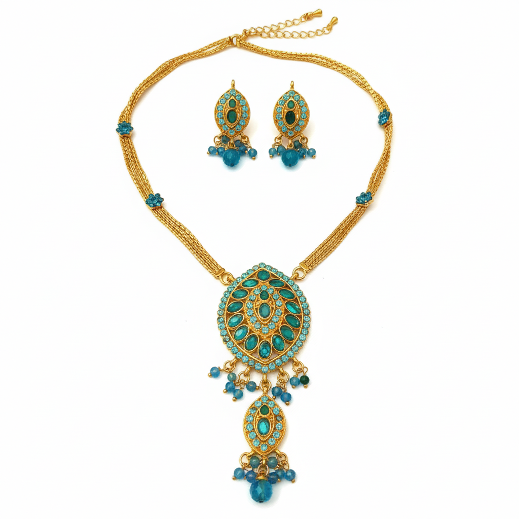 JewelMaze Gold Plated Blue Austrian Stone Necklace Set