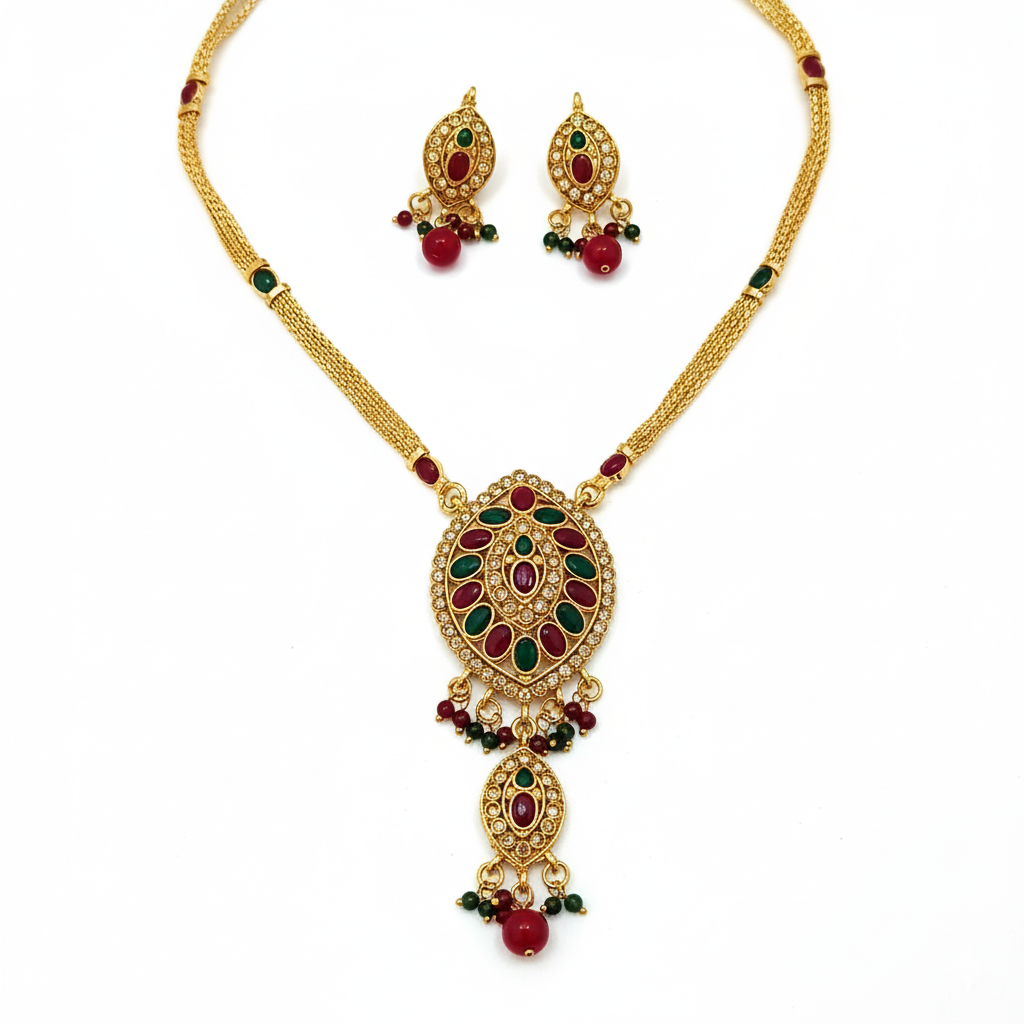 JewelMaze Gold Plated Green Austrian Stone Necklace Set