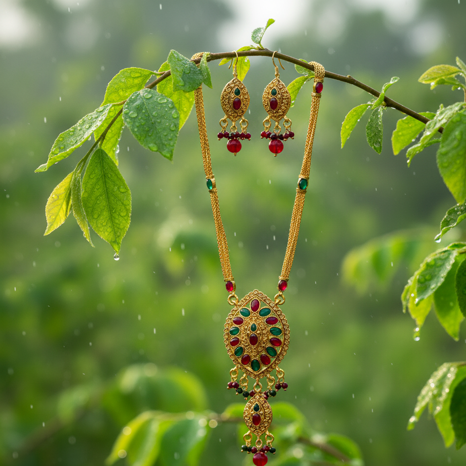 JewelMaze Gold Plated Green Austrian Stone Necklace Set