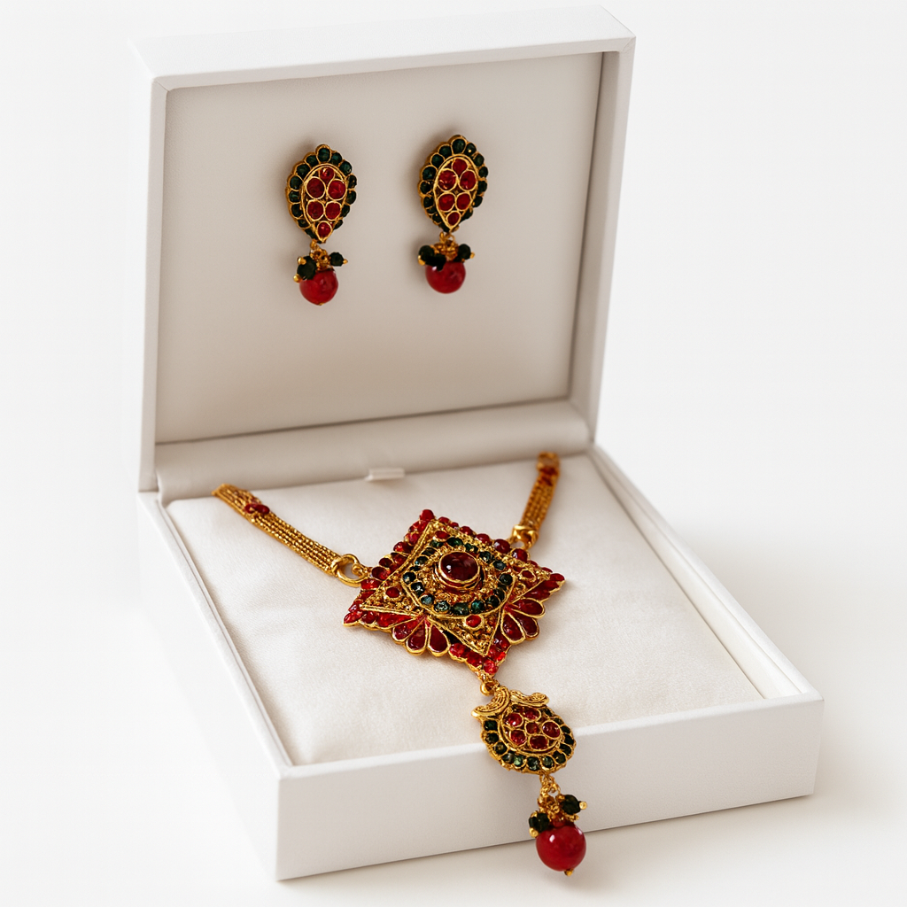 JewelMaze Gold Plated Green Austrian Stone Necklace Set