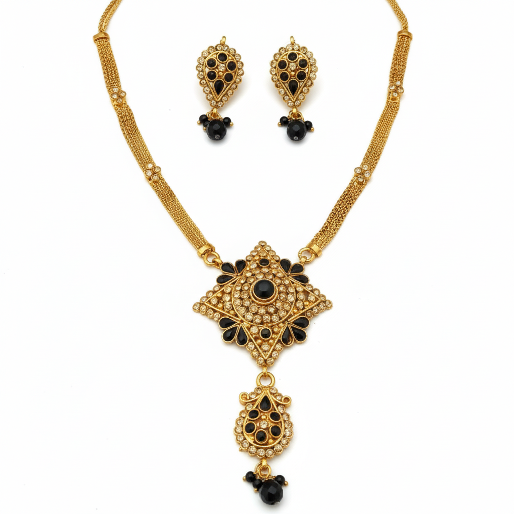 JewelMaze Gold Plated Black Austrian Stone Necklace Set