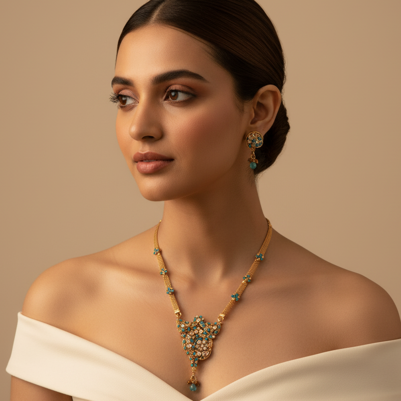 JewelMaze Gold Plated Blue Austrian Stone Necklace Set