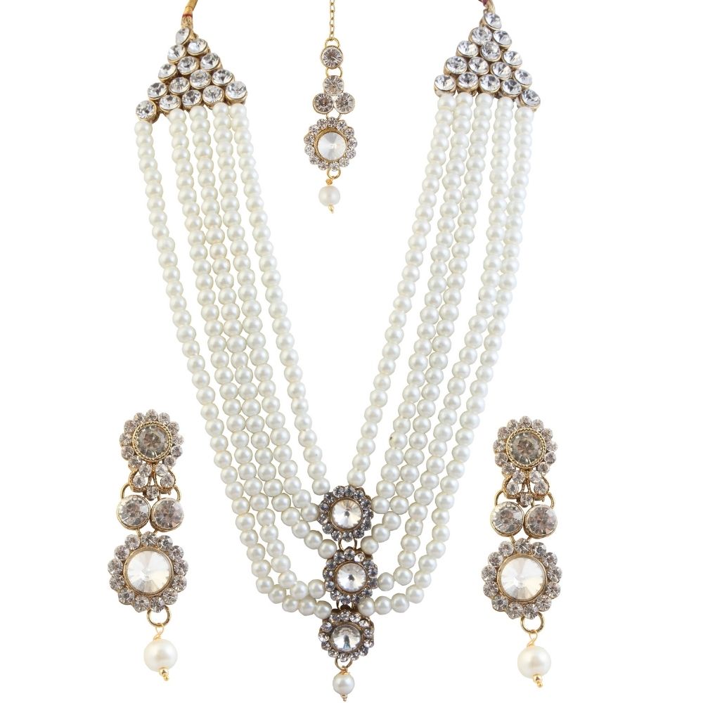 JewelMaze Dazziling Austrian and Pearl Long Necklace Set