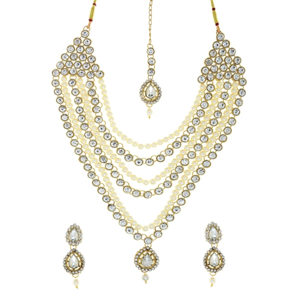 JewelMaze Dazziling Austrian and Pearl Long Necklace Set
