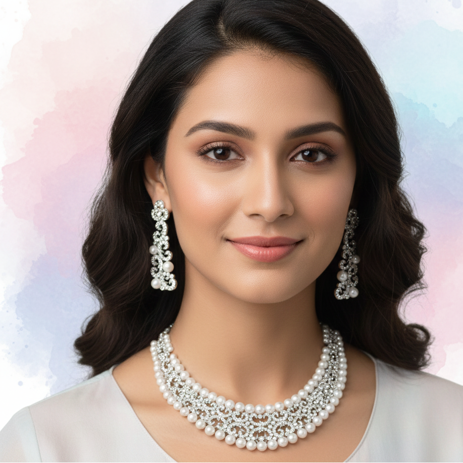 JewelMaze Sparkling Austrian Stone and Pearl Necklace Set