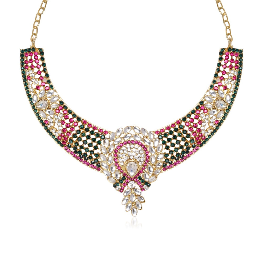 JewelMaze Green & Pink Austrian Stone Gold Plated Necklace Set With Maang Tikka