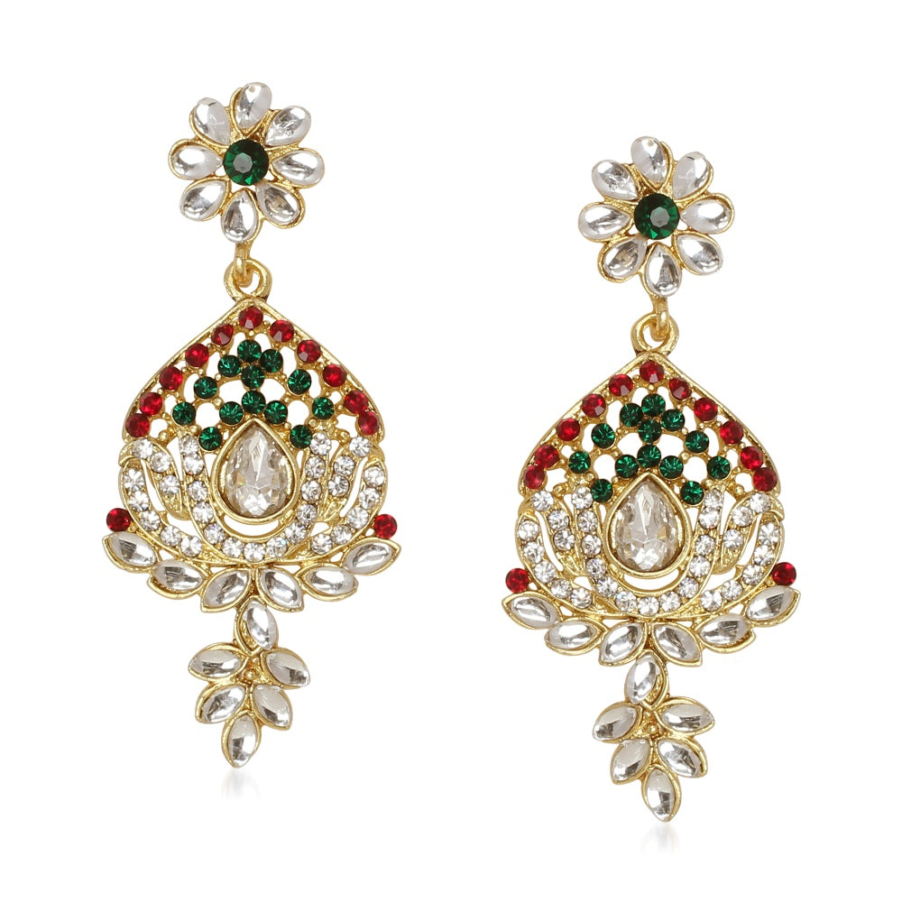 JewelMaze Gold Plated Maroon & Green Austrian Stone Necklace Set With Maang Tikka