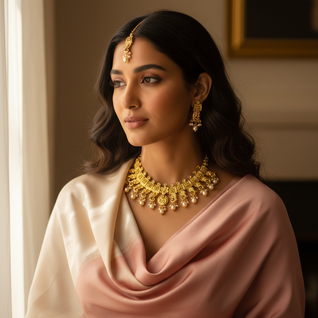 JewelMaze Gold Plated Brown Austrian Stone Necklace Set With Maang Tikka