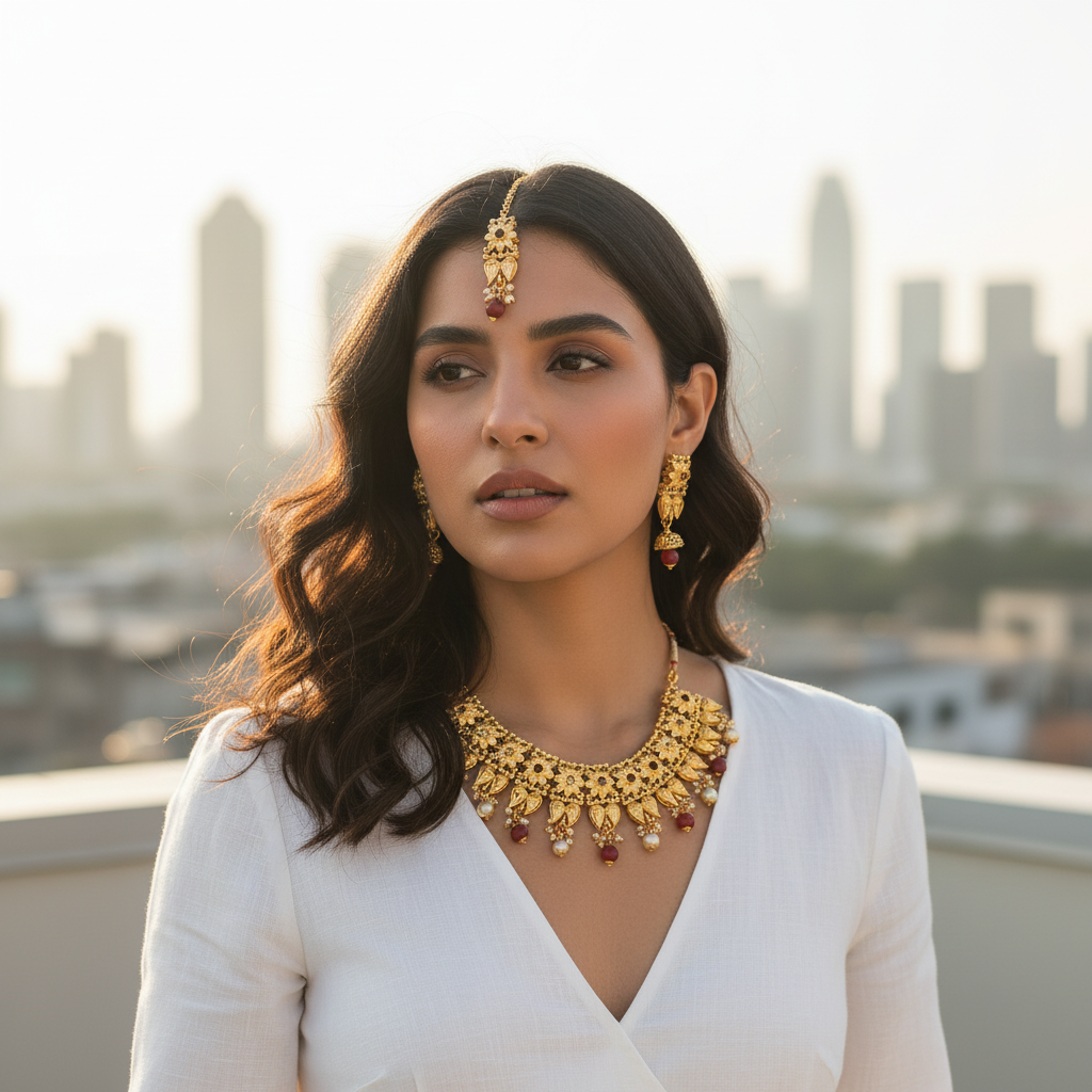 JewelMaze Gold Plated Maroon Austrian Stone Necklace Set With Maang Tikka