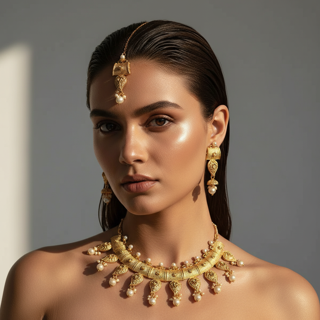 JewelMaze Brown Austrian Stone And Pearl Necklace Set With Maang Tikka