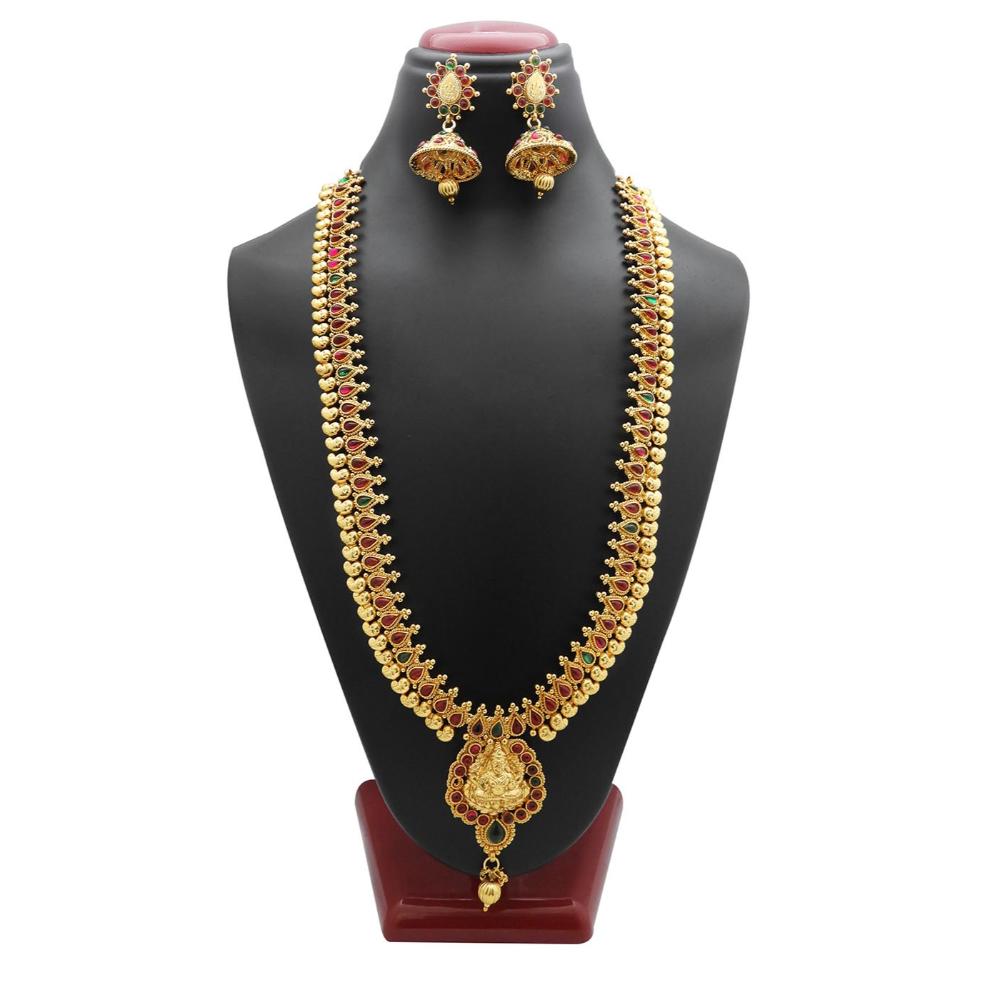 JewelMaze Maroon And Green Pota Stone Copper Necklace Set