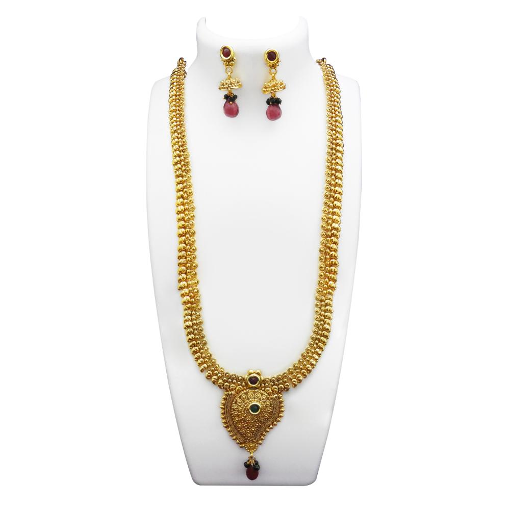 JewelMaze Gold Plated Maroon Pota Stone Copper Necklace Set