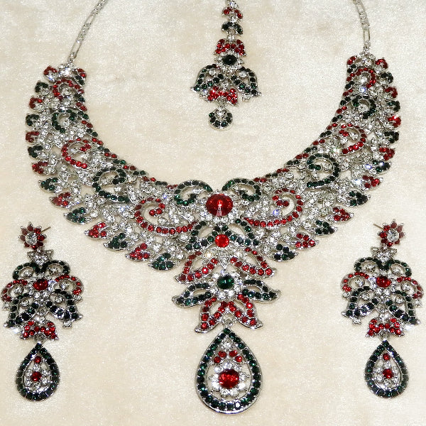 JewelMaze Art Silver Plated Austrian Stone Necklace Set With Maang Tikka - 1108521F
