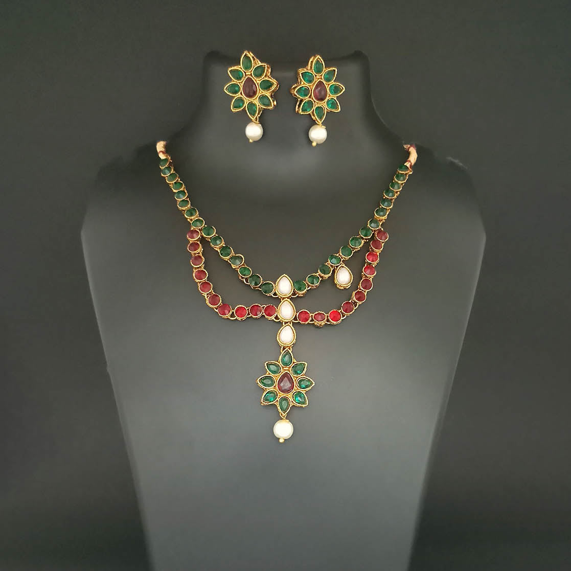 JewelMaze Maroon Kundan Stone Gold Plated Necklace Set