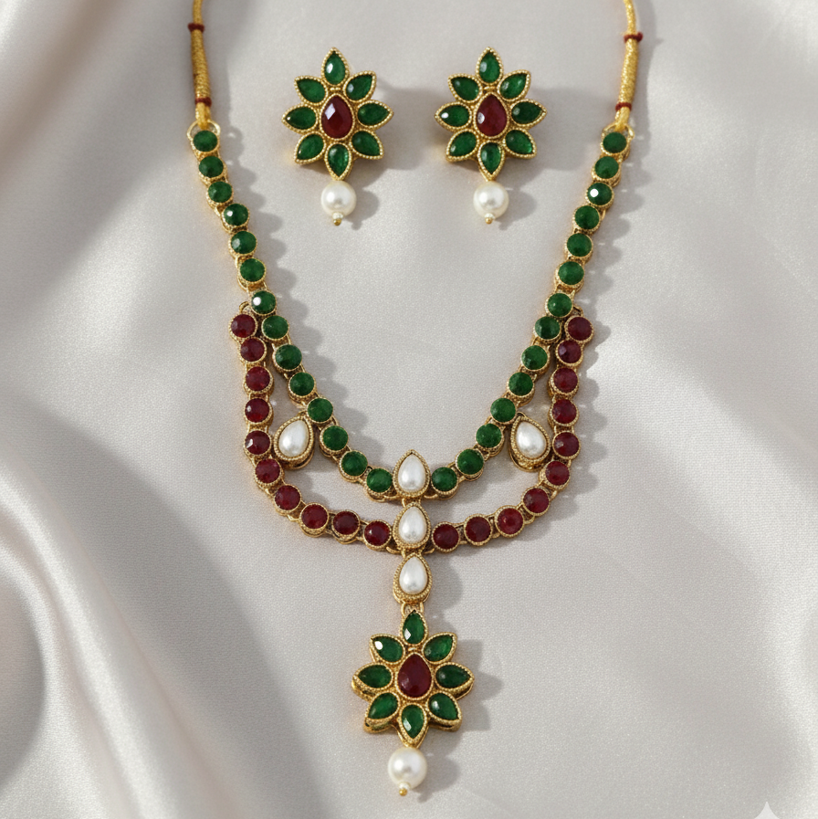 JewelMaze Maroon Kundan Stone Gold Plated Necklace Set