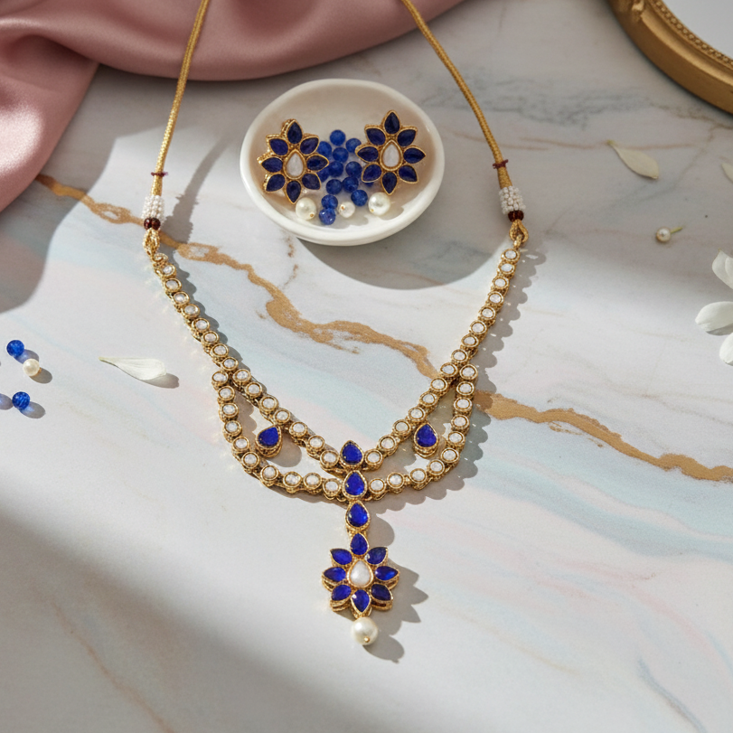 JewelMaze Blue Kundan Stone Gold Plated Necklace Set