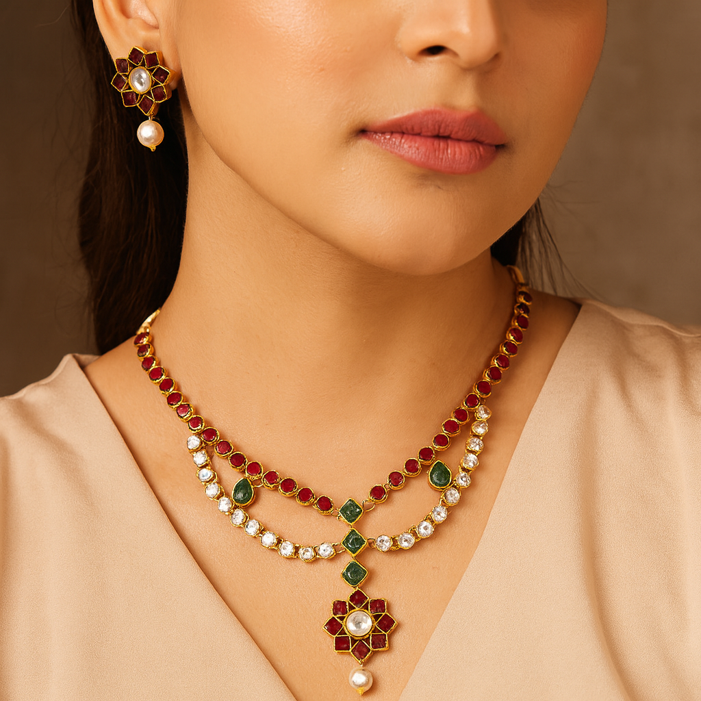 JewelMaze Maroon Kundan Stone Gold Plated Necklace Set