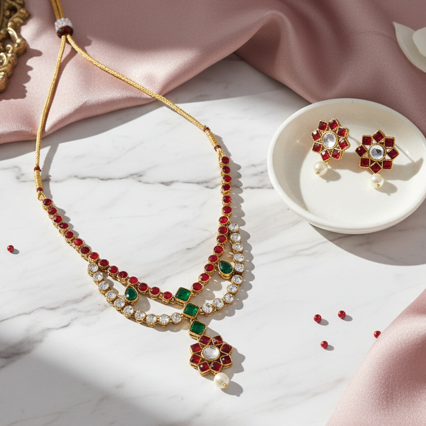 JewelMaze Maroon Kundan Stone Gold Plated Necklace Set