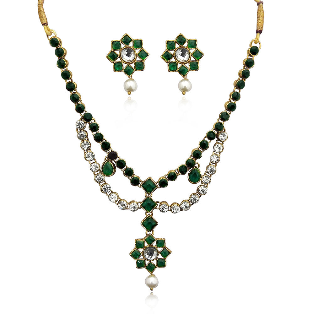 JewelMaze Gold Plated Green Kundan Stone Necklace Set