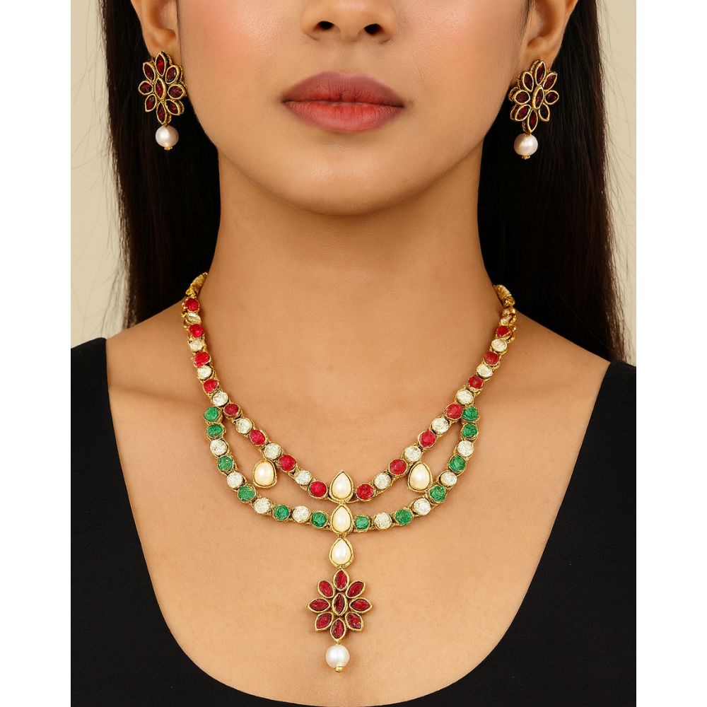JewelMaze Maroon Kundan Stone Gold Plated Necklace Set