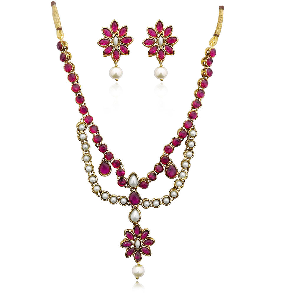 JewelMaze Gold Plated Pink Kundan Stone Necklace Set