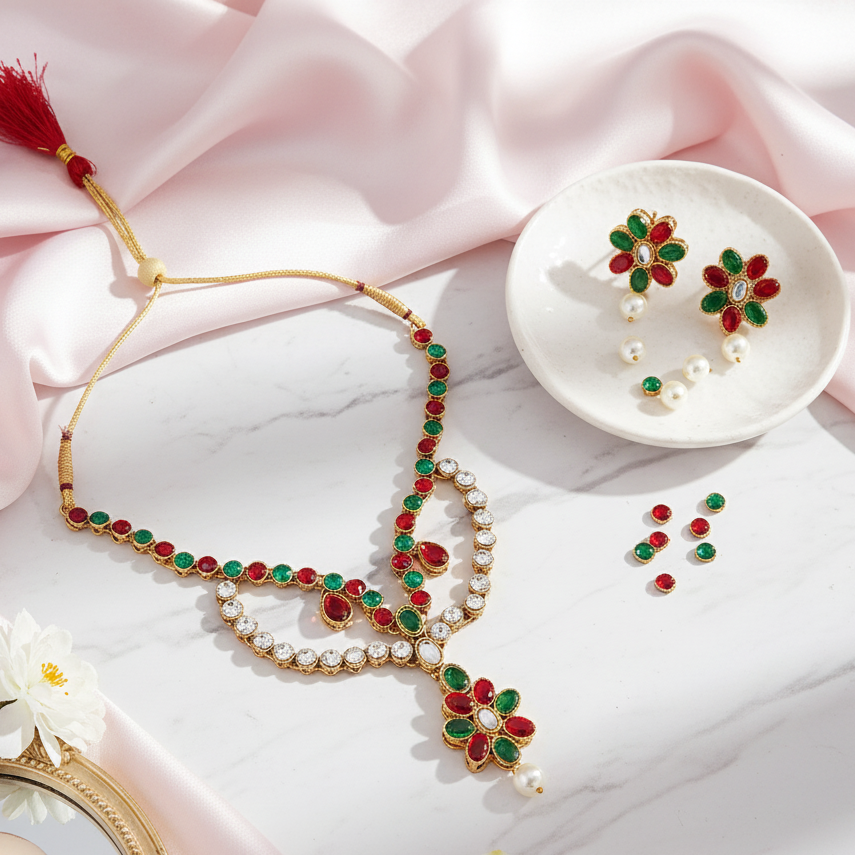 JewelMaze Maroon Kundan Stone Gold Plated Necklace Set