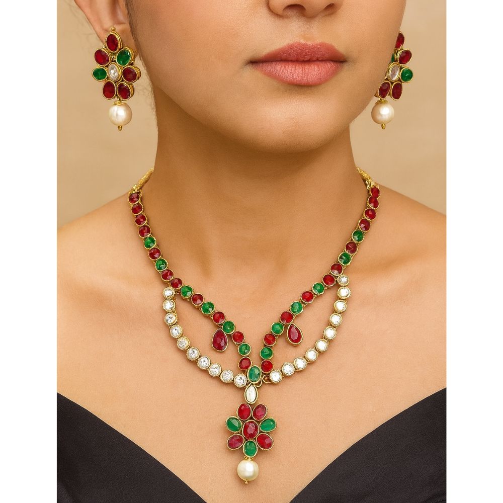 JewelMaze Maroon Kundan Stone Gold Plated Necklace Set