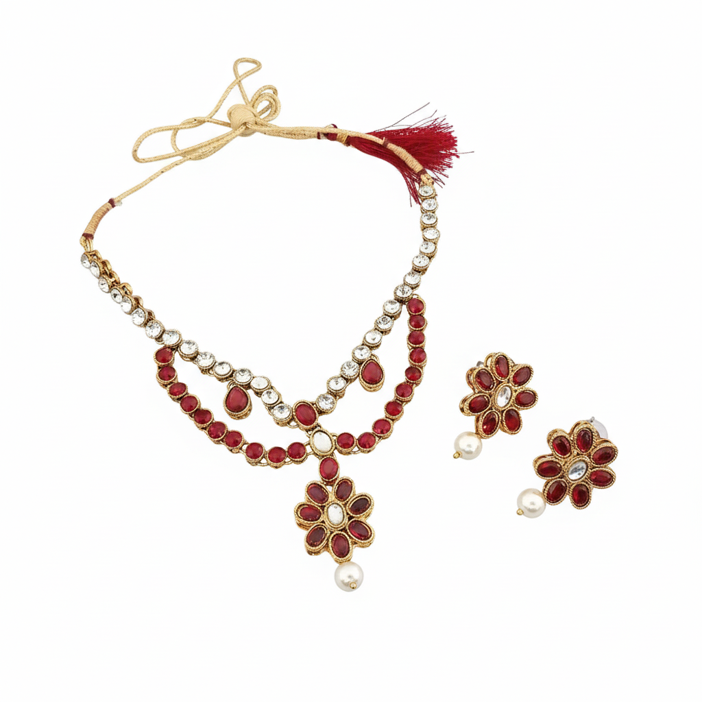 JewelMaze Gold Plated Maroon Kundan Stone Necklace Set