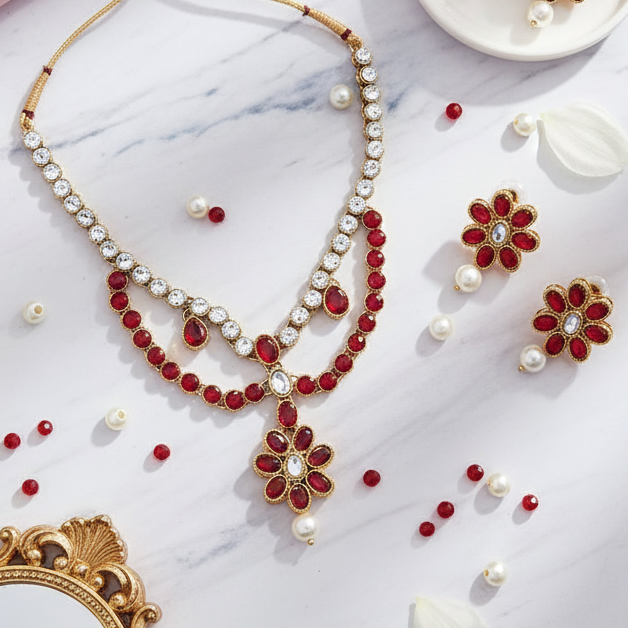 JewelMaze Gold Plated Maroon Kundan Stone Necklace Set