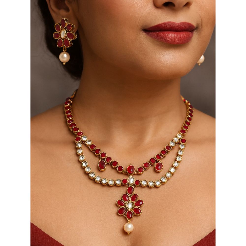 JewelMaze Gold Plated Maroon Kundan Stone Necklace Set