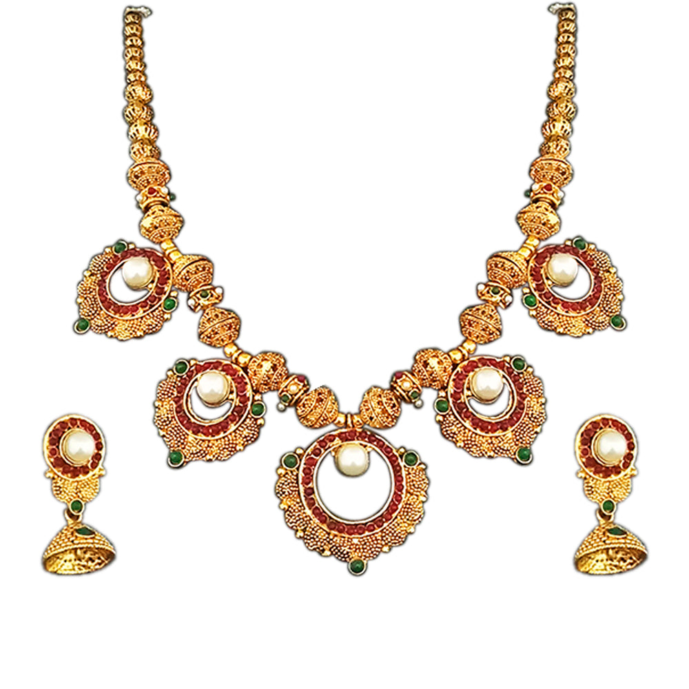 JewelMaze Gold Plated Pota Stone and Pearl Necklace Set