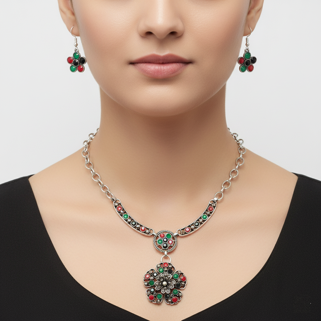 JewelMaze Antique Oxidised Jewelry Necklace Set For Women