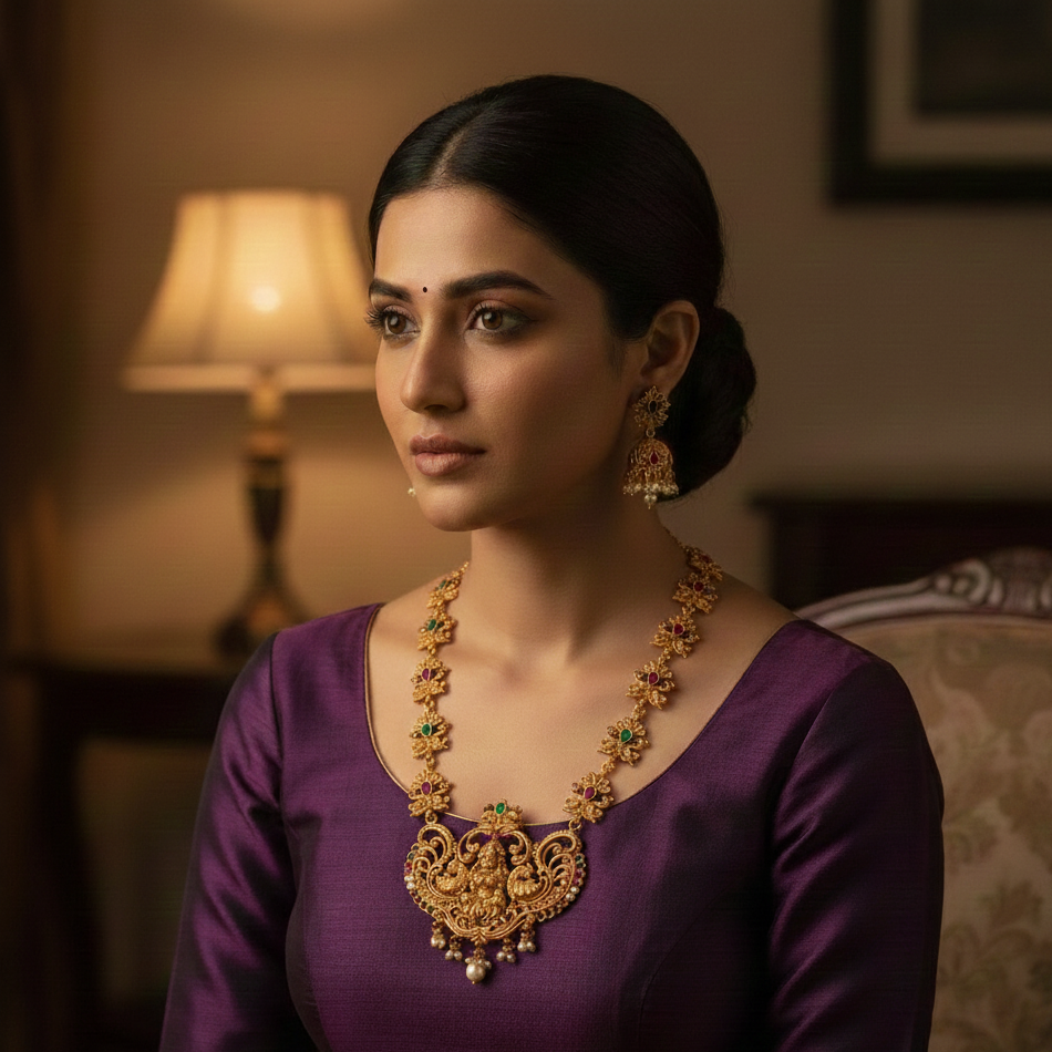 JewelMaze Traditional Long Temple Necklace Set