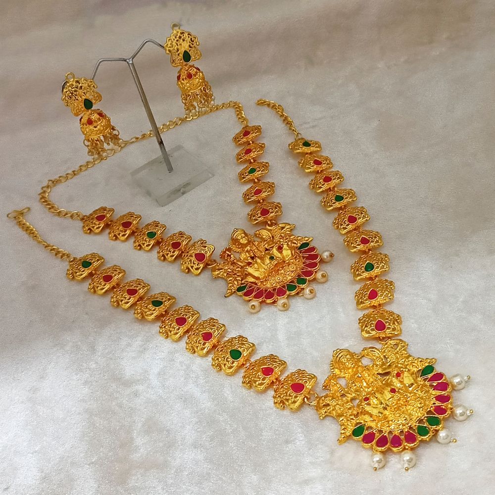 JewelMaze Gold Plated Pota Stone And Pearl Temple Necklace Set