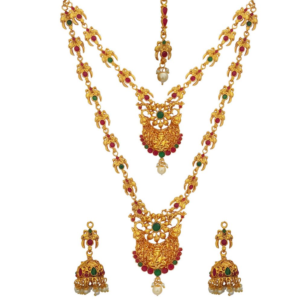 JewelMaze Gold Plated Pota Stone And Pearl Temple Necklace Set